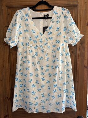 GiGiO White Eyelet Mini Dress with Blue Floral Print